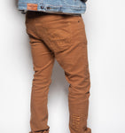 Mens Embroidered Tan. Stacked Jeans