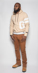 Mens Embroidered Tan. Stacked Jeans