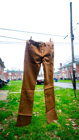 Mens Embroidered Tan. Stacked Jeans