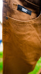 Mens Embroidered Tan. Stacked Jeans